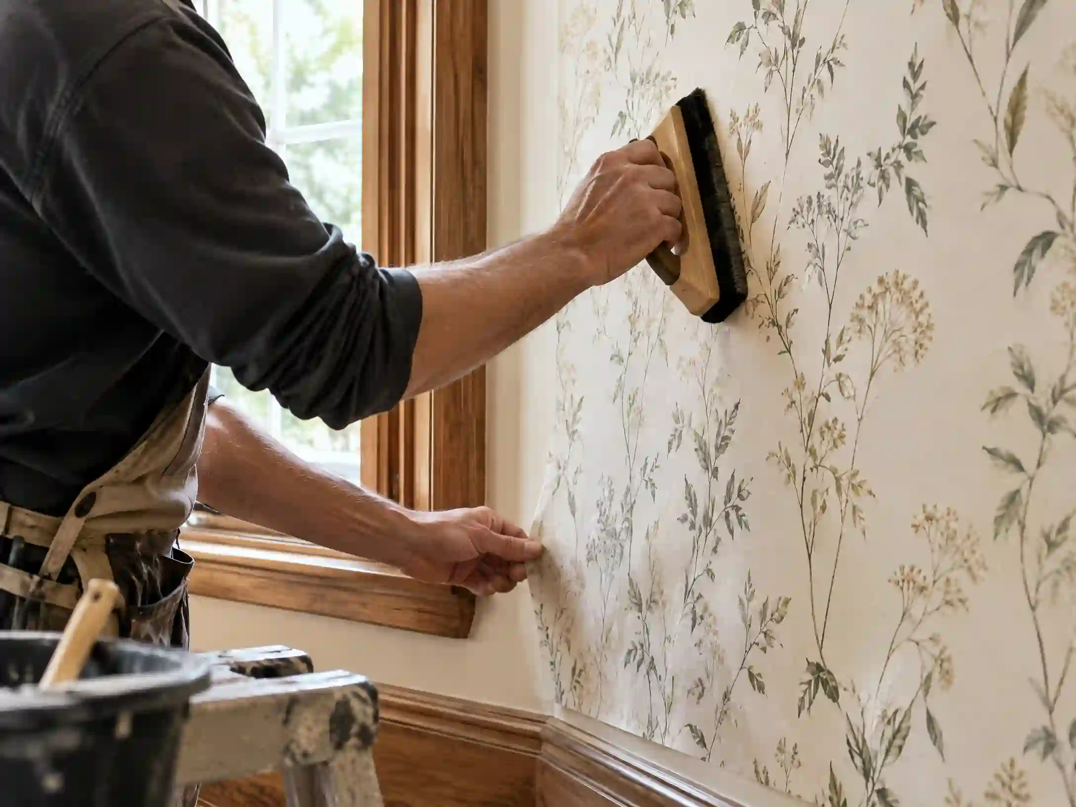 Professional wallpaper installer working on a platinum luxury interior installation